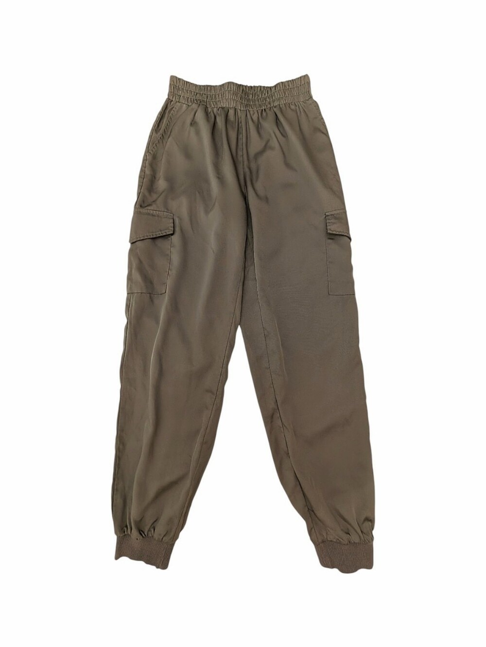Umgee USA Women's Cargo Joggers Pants Size S Satin-Like Olive Brown Casual Comfy